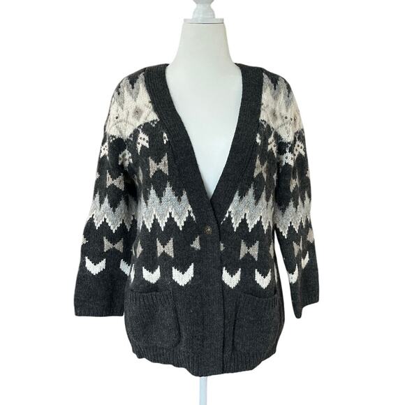 J.Jill Wool Blend Fair Isle Gray Button Cardigan Women's Size L Chevron w Beads - Picture 1 of 11